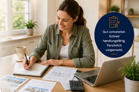 Person schreibt Notizen zu Immobilienunterlagen und Finanzplanung.